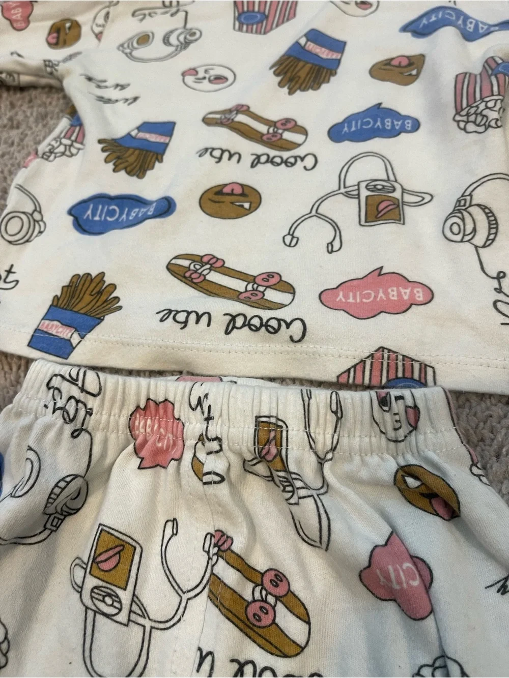 Cream Kids Pajama Set with Snack Print